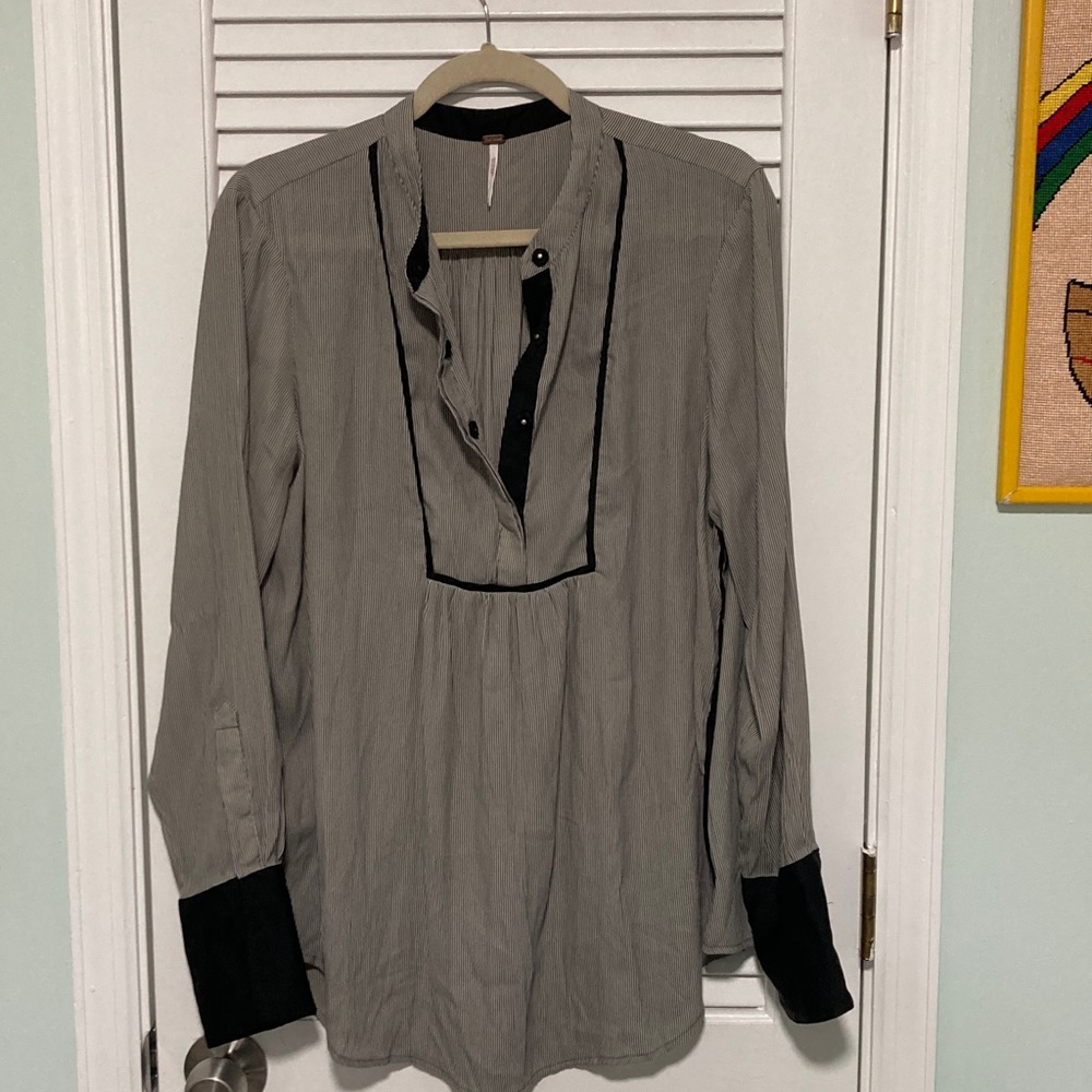 Free People Gray Button Down Shirt with Black Trim